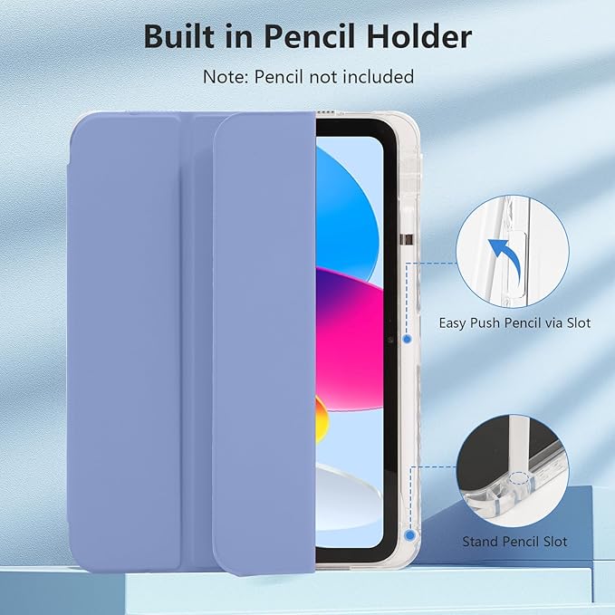 Case for iPad A16 11th Generation 11 Inch 2025, iPad10th Generation 10.9" 2022, Hybrid Protective Cover with Pencil Holder, Clear Transparent Back Shell Anti-Yellowing Case, Lavender Gray