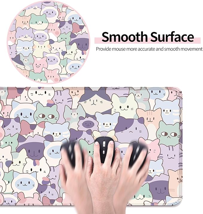 Cute Pink Cat Gaming Desk Mat, Computer Keyboard Large Extended Kawaii Pastel Cat Mouse Pad for Office and Home, 31.5×11.8 Inches, XL