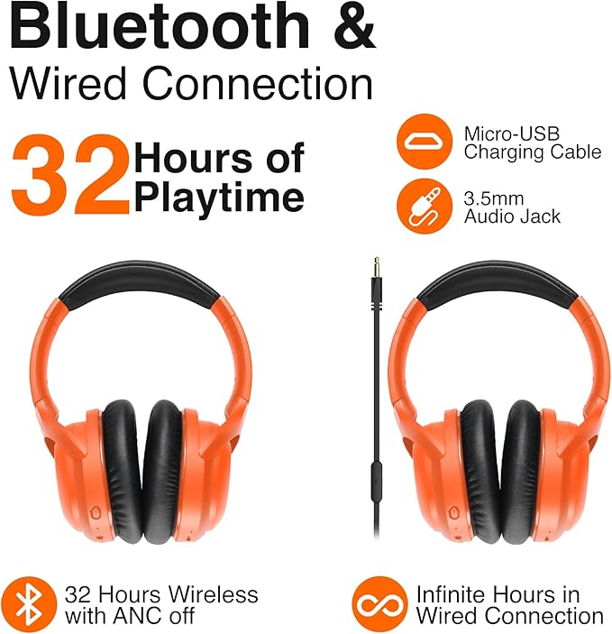 Puro Sound Labs PuroPro Universal Hybrid Active Noise Cancelling Headphones, Volume Limiting, Hi-Res Audio, 32h Playtime, Pc Wireless Headset with Mic, Over Ear Headphone for Travel & Work – Orange