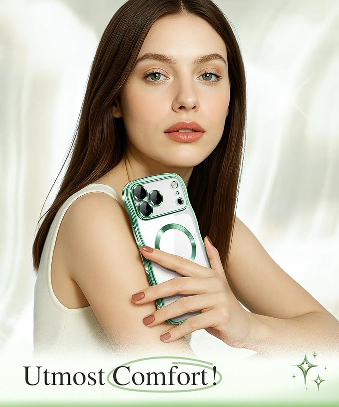 GVIEWIN for iPhone 17 Pro Max Case Compatible with MagSafe, Upgraded [Full Camera Protection][Cute Wave Frame][Military Grade Protection] Electroplated Hard Phone Cover for Women Girl, Clear/Green