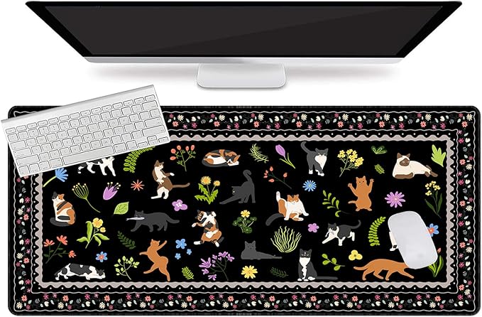 L-SPOUTTO Cute Cat Desk Mat for Keyboard and Mouse,XXL Large Mouse Pad Non-Slip Keyboard Pad Waterproof Desktop Mat for Laptop Computer Work Game Home Office-Cats Black
