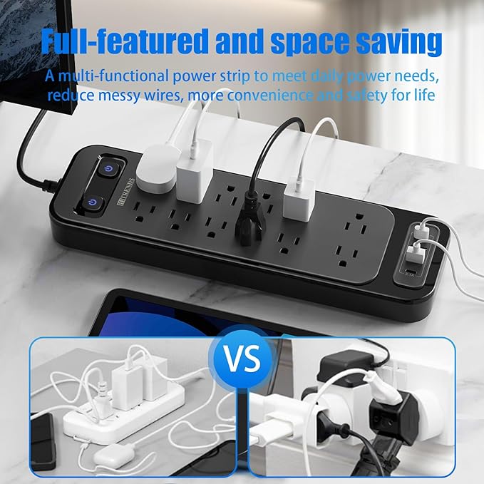 HITRENDS 12-Outlet Surge Protector Power Strip with 2 USB A + 2 USB C, 6FT Flat Plug Extension Cord, Dual Switches, Wide Spacing, 1250W/10A Multi Plug Outlet for Home Office Dormitory, Black