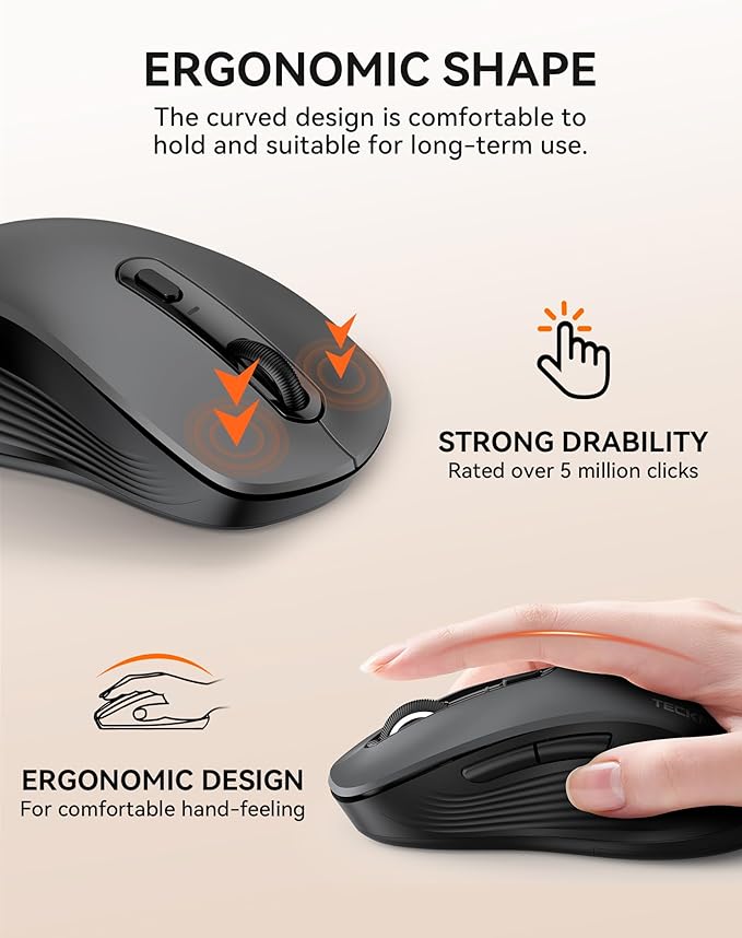 TECKNET Bluetooth Mouse, [ USB + BT1 + BT2 ] Wireless Mouse for Laptop, Silent Click, Ergonomic Design, 4800 DPI Computer Mice Wireless, Dual Mode for Laptop, Computer, iPad, MacBook