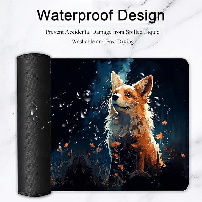 Large Mouse Pad, 31.5 x 11.8in Extended Gaming Mouse Pad with Stitched Edges, XXL Mousepad Protector Non Slip Rubber Base for Office and Home Writing Mat, Cute Red Fox Animal Pattern Black Desk Mat