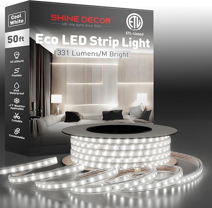 Shine Decor LED Strip Light Easy Connectable, 6000K Cool White Cold Resist Weatherproof Plug-in for Indoor Outdoor, 101 LM/FT Dimmable Bright Eco Rope Lighting 50FT, 120V Whole Set ETL Listed