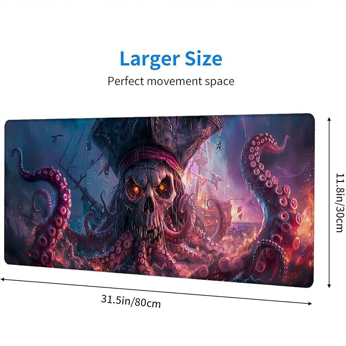 Octopus Pirate Skull Desk Mat Black Ship Large Gaming Mouse Mat with Stitched Edges,Non-Slip Waterproof Rubber Base Mous Mat 31.5"x11.8" Office Computer Keyboard Laptop Home