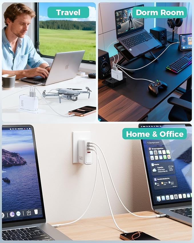 SparkleCore 140W USB C Charger,4-Port 100W Fast Charging Block PD3.1 GaN Cruise Essentials 2026 Travel for Apple MacBook,Laptop,iPhone 17/16 Series,iPad Pro,Samsung,Anker Laptop Power Bank,6.6ft Cable