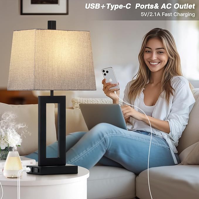 Cinkeda Touch Control Table Lamp Set of 2, Modern Black Bedside Lamps with USB C+A Ports & AC Outlet, 3 Way Dimmable Bedroom Lamps for Night Stands Bedroom Living Room,Nightstand Lamp