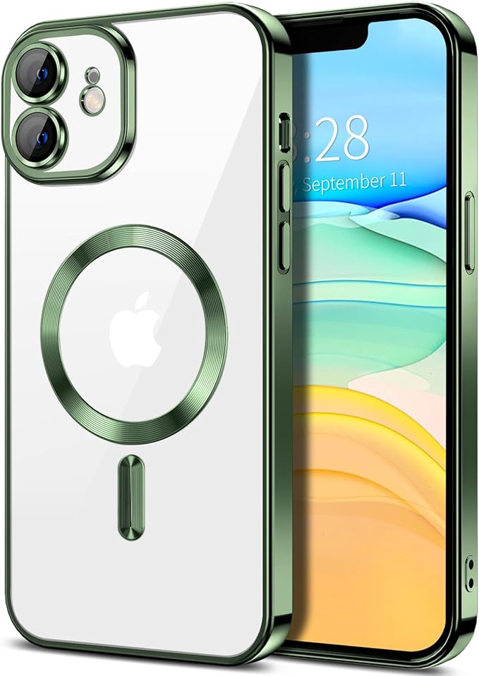 Hython Magnetic Clear for iPhone 11 Case with Camera Lens Protector [Compatible with MagSafe] Luxury Plating Edge Slim Soft TPU Cover Protective Phone Case for iPhone 11 6.1", Deep Green