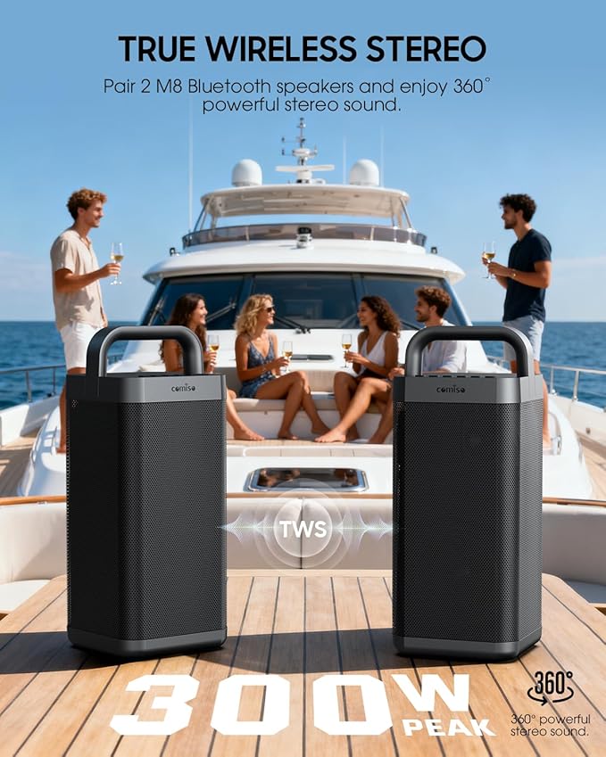 COMISO Portable Bluetooth Speaker with Deep Bass,150W Peak, IPX6 Waterproof Outdoor Speaker with 12H Playtime,Power Bank Function, Party Speaker with USB/AUX/Mic Inputs, Speakers for Home,Beach&Travel