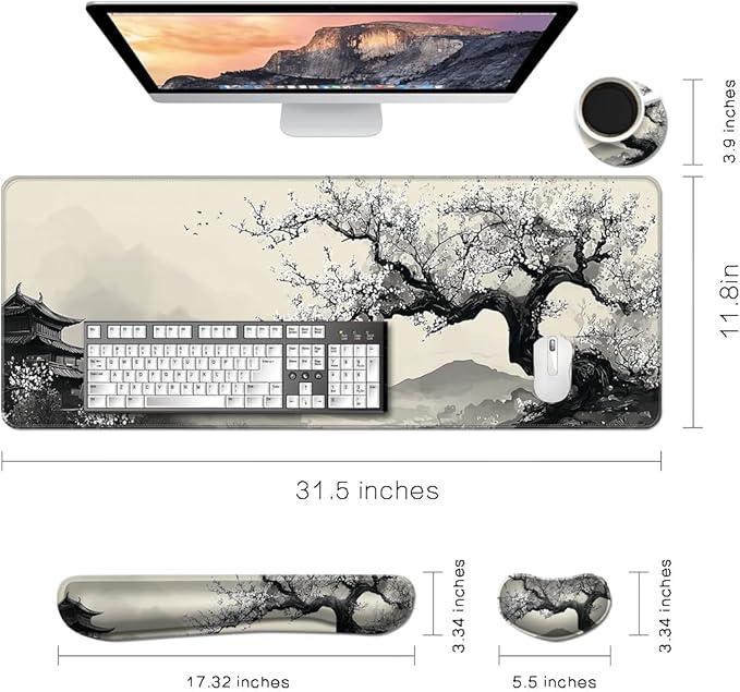 Desk Mat, Large Gaming Mouse Pad with Wrist Rest, 4 in1 XXL Mouse pad+Keyboard Wrist Rest+Mouse Pad Wrist Support+Cup Coaster Set, Ergonomic Desk Pad for Home Office, Japanese Cherry