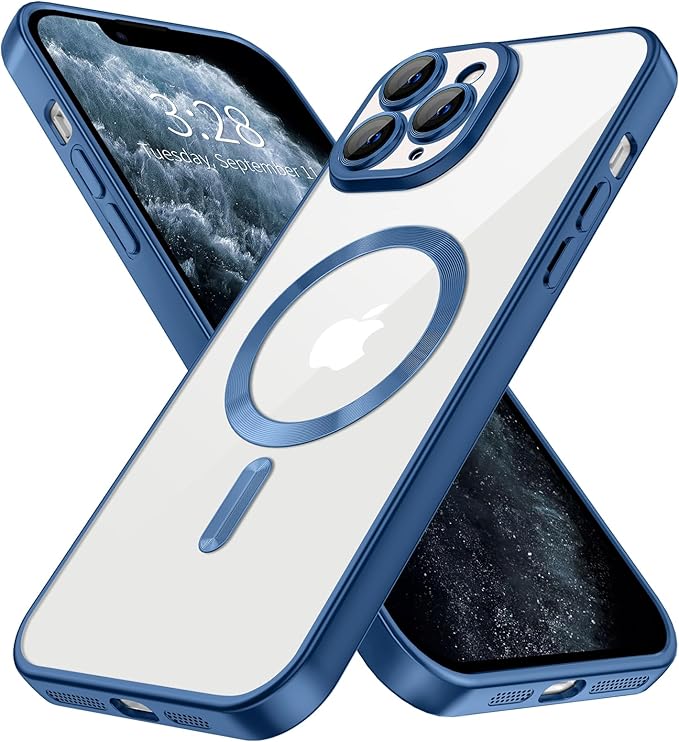 Hython Magnetic Clear for iPhone 11 Pro Max Case with Camera Lens Protector [Compatible with MagSafe] Plating Edge Slim Soft TPU Cover Protective Phone Case for iPhone 11 Pro Max, Matte Deep Blue