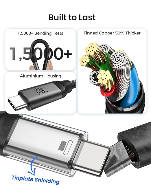 Silkland USB C Monitor Cable Right Angle 4FT, 8K@30Hz 5K/4K@60Hz Display, 20Gbps Data Transfer, 90 Degree USB C 3.2 Gen 2x2 Video Cable, 240W Charging for iPhone 17, MacBook, Portable Monitor, Carplay