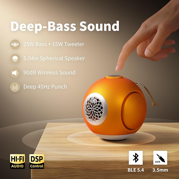 UB+ dBMiNi Waterproof Portable Bluetooth Speaker, 40W Peak Dual Subwoofers Deep Bass Wireless Speaker for Outdoor/Garage/Home/Office, IPX5 Rugged Travel Speaker (Sunrise Amber)