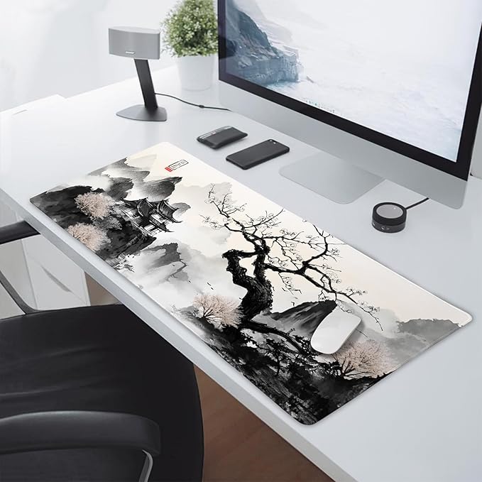 Japanese Cherry Blossom Anime Large Mouse Pad XXL Black White Sakura Tree Mountain Extended Large Desk Mat Big Desk Pad 90X40 CM Non-Slip Rubber Base Stitched Edge Long Mousepad,35.4 x 15.7 Inch