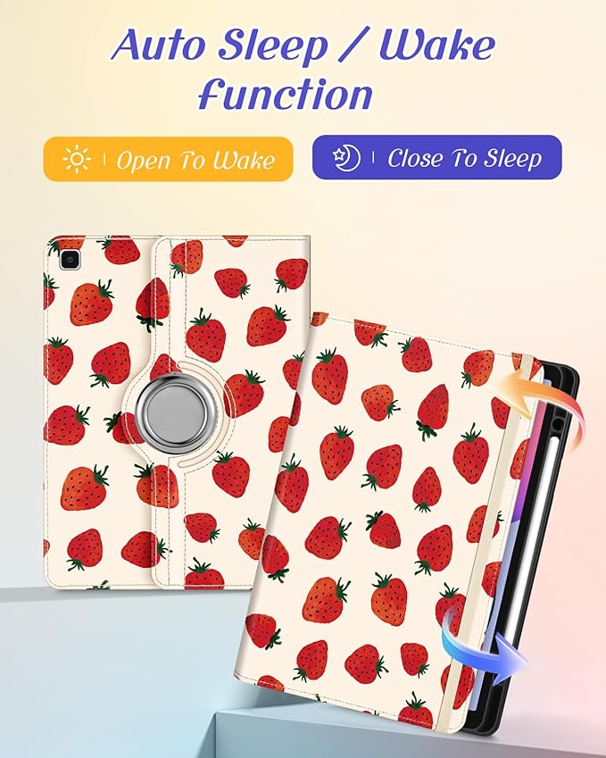 Kidcube for Samsung Galaxy Tab S6 Lite Case 10.4 Inch 2024/2022/2020 - Women Girls Cute Rotating Stand Folio Cover with Pencil Holder & Card Slot Girly Pretty Strawberry Design Cases for Tab S6 Lite