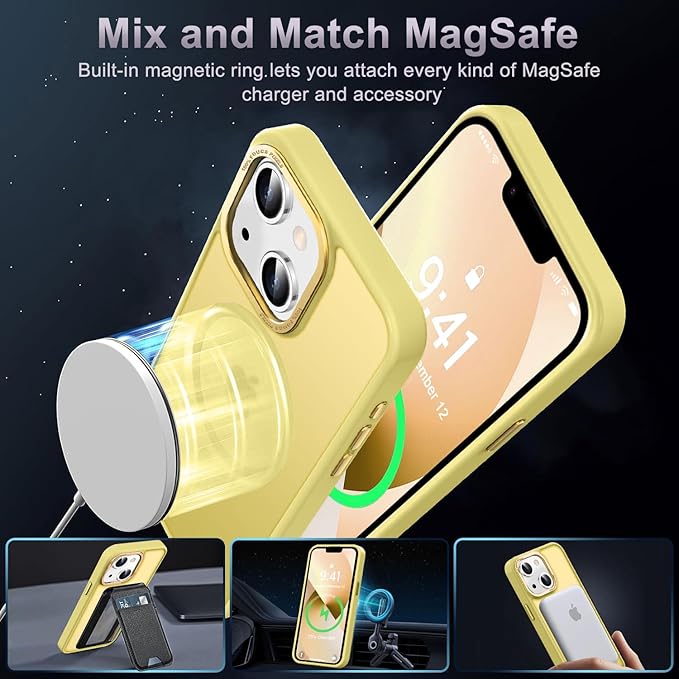 Newfuture Designed for iPhone 13 Case & iPhone 14 Case with Magnetic [13 FT Military Drop Protection] [Compatible with Magsafe] Slim Translucent Shockproof with Anti-Fingerprint Phone Case, Yellow
