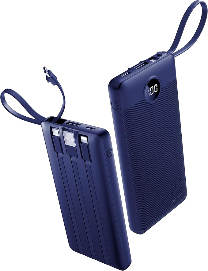 Portable Power Bank, Compact 10000mAh Portable Charger with 4 Cables, USB C Battery Pack 5 Outputs 2 Inputs LED Display Compatible with iPhone/Android & More (Navy Blue)