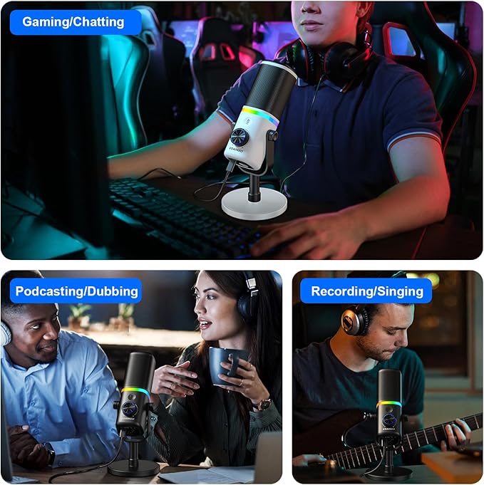 Aokeo Microphone for PC, AK-10 USB/XLR Dynamic Desktop Microphone for Gaming,Podcast,Streaming with RGB Light,Volume Control,Mute Button,Noise Reduction(White)
