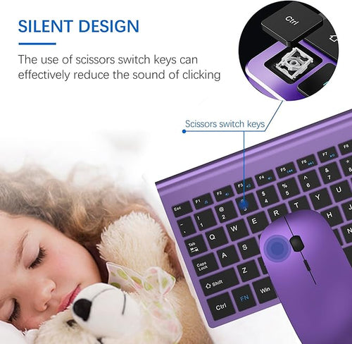 Wireless Keyboard and Mouse Ultra Slim Combo, TopMate 2.4G Silent Compact USB 2400DPI Mouse and Scissor Switch Keyboard Set with Cover, Batteries Included, for PC/Laptop/Windows/Mac - Purple Black
