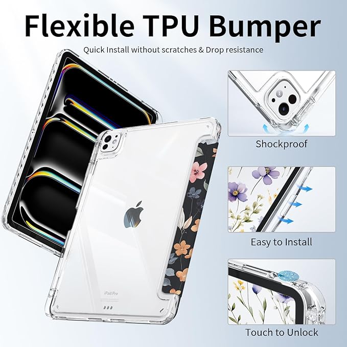 for iPad Air 13 Inch 2026/2025/2024 (M4/M3/M2) Case, iPad Pro 12.9-inch 6th/5th/4th/3rd Generation Case, Trifold Stable Stand Protective Clear Back Cover with Pencil Holder, Black Flower
