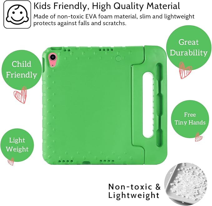 Dteck Kids Case for iPad 10th Gen 10.9" with Pencil Holder, Shockproof Rugged EVA Handle Stand Child Proof Case, Green