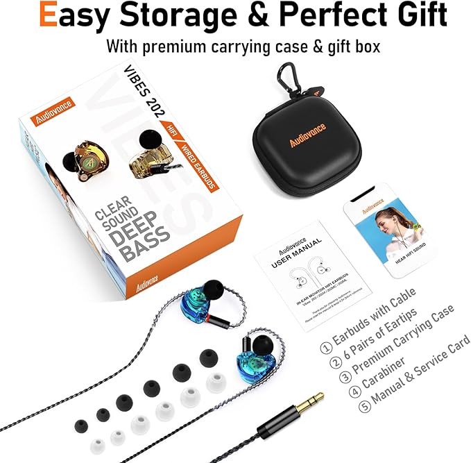 Vibes 202 Wired Earbuds - HiFi in Ear Monitor Headphones – Professional Noise Isolating Ear Buds - Clear Sound, Deep Bass & Comfort-Fit IEM Earphones - MMCX to 3.5mm, Silver Plated Cord, Carrying Case