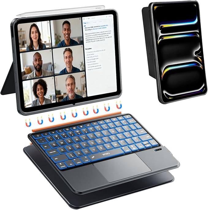 WIWU iPad Pro 11 inch Case with Keyboard M4/M5 2024/2025 Magnetic Detachable 3 in 1 Case Bluetooth Keyboard Adjustable Stand 7 Colors Backlit Keys with Trackpad (Black, iPad Pro 11"(M4/M5 2024/2025))