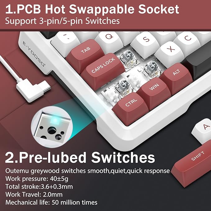E-YOOSO 75% Wired Mechanical Gaming Keyboard, Creamy Sound, Hot Swappable Pre-lubed Linear Switches, Gasket Structure, Knob Control, RGB Backlit, Compact Custom for PC, White/Red