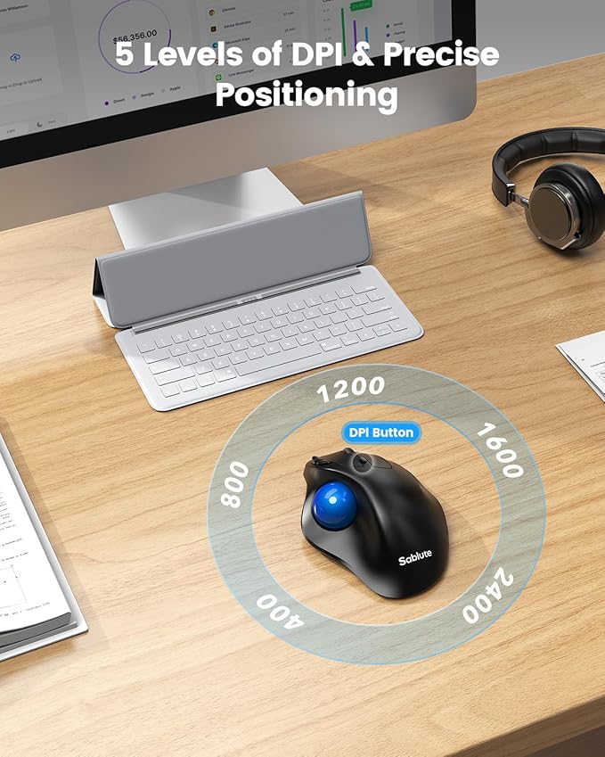 SABLUTE MAM2 Wireless Trackball Mouse with 5-Level DPI, Ergonomic Mouse Wireless 2.4G Plug-and-Play for 3 Devices (Bluetooth or USB Receiver), 500mAh Battery, Compatible with PC/Laptop/Mac-Blue Ball