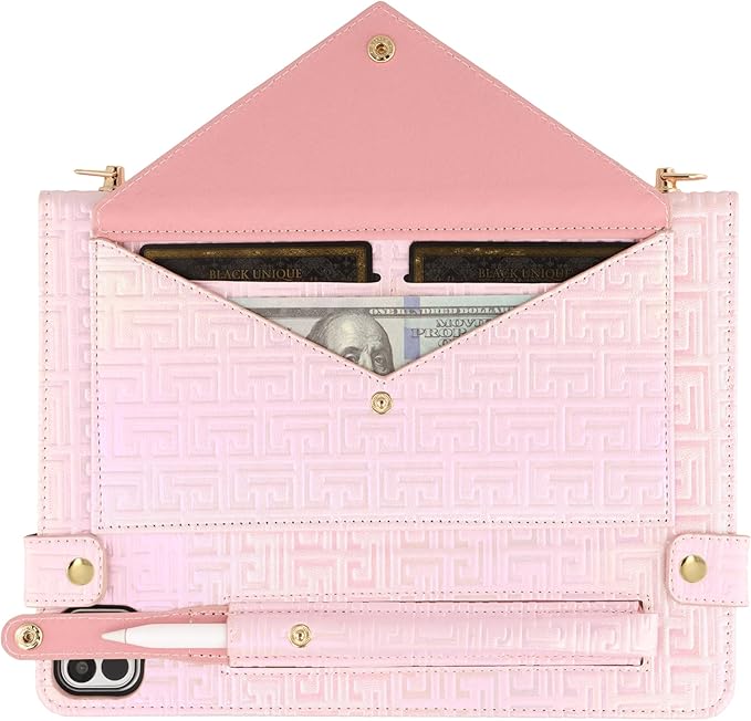 Shiny Case for iPad Pro 13" M5 M4 (2025/2024) Handbag Case, Techcircle Iridescent PU Leather Folio Envelope Pocket Stand Cover with Hand Strap+Shoulder Strap+Pencil Holder+Card Slots, Shiny Pale Pink