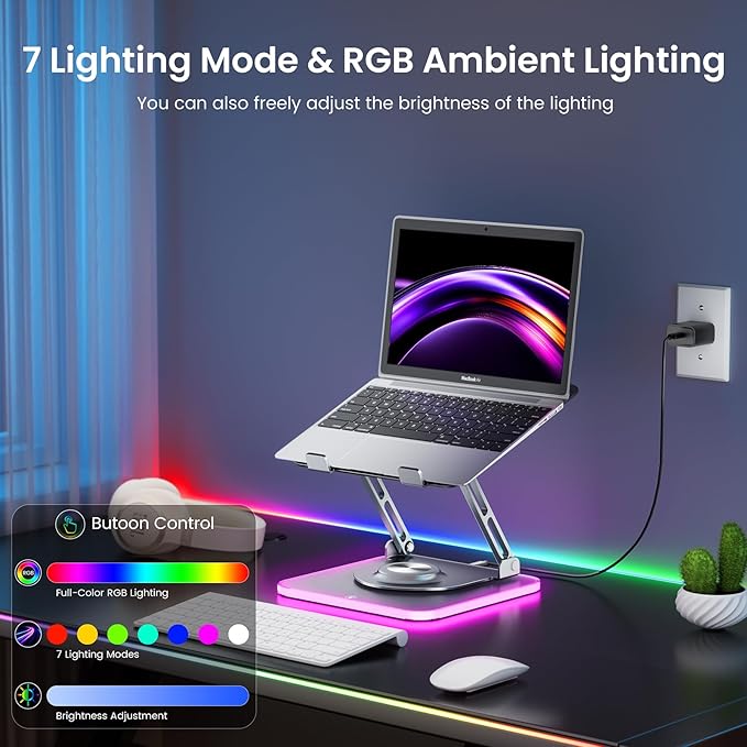 JOYEKY RGB Laptop Stand for Desk, Adjustable Ergonomic Laptop Riser with 360° Rotating Base, Foldable & Portable Computer Stand, Suitable for All 10-16” Laptops