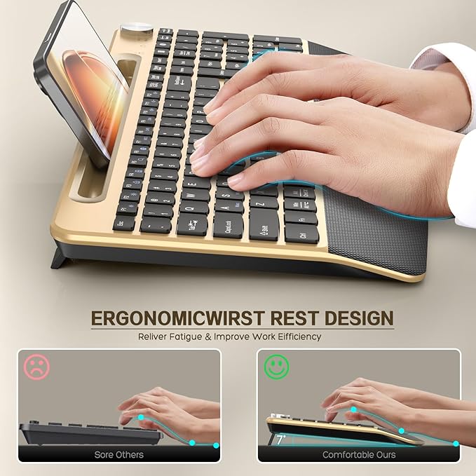 GAMCATZ Ergonomic Wireless Keyboard with Wrist Rest-Low-Profile,Phone/Tablet Holder,Quiet Design，Windows & Mac OS，Full Size Cordless USB Computer Keyboard for Desktop,Laptop, PC, Mac, Windows-Black