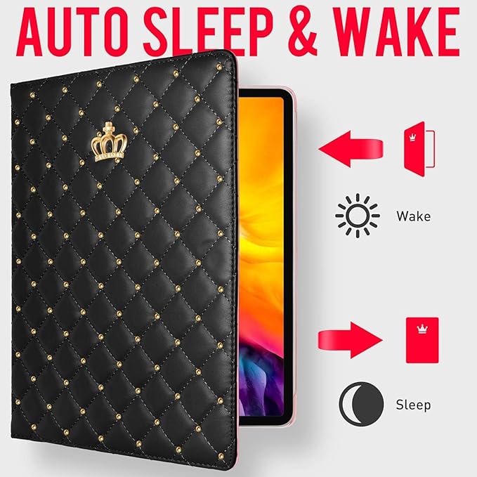 Changjia for iPad Air 11 Inch Case M4 (2026)/M3 (2025)/M2 (2024), iPad Air 5th/4th Gen 10.9" (2022/2020) with Pencil Holder,Girly Cute Crown Diamond Elegant Auto Sleep/Wake Stand Protective Case,Black