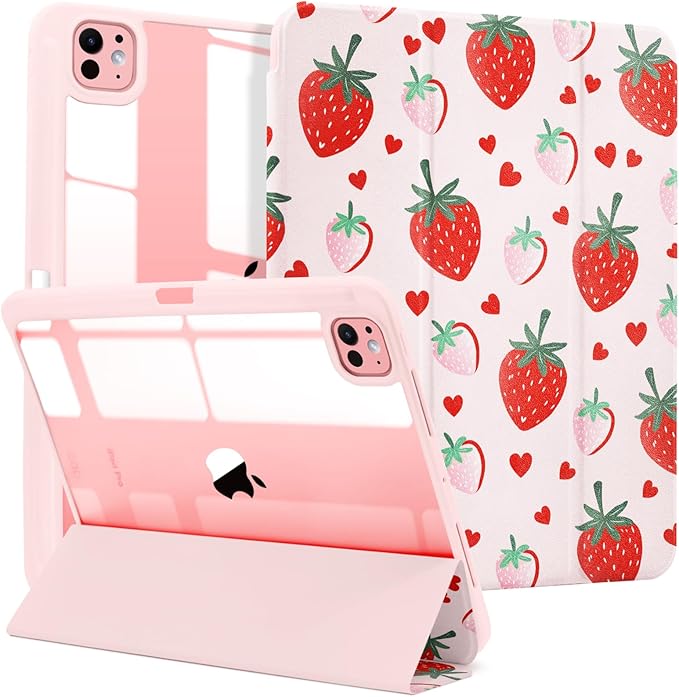 MrARTIST for for iPad Pro 11 Inch Case (M5/M4) 2025/2024 6th/5th Generation Case Cute for Women Girls Girly Kawaii Aesthetic Design for Apple Tablet Cover with Pencil Holder, Strawberry