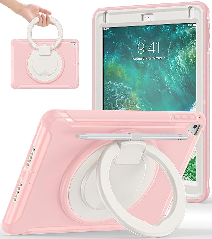 BATYUE Case for iPad 6th Generation 9.7 inch 2018, iPad 5th Gen 2017, iPad Air 2/ iPad Pro 9.7'',Shockproof Protective Cover with Pencil Holder &Rotating Kickstand,for Kids,Girls (Cheery Pink)