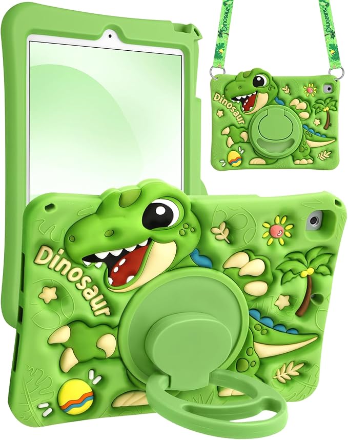 Boaretiu for iPad 6th/5th Gen Case, for iPad Air 2nd/Air 1st/Pro 9.7 inch 2016 Case - Cute Cartoon Silicone Cover with Adjustable Shoulder Strap & Rotating Stand for Kids Boys Girls, Green Dinosaur