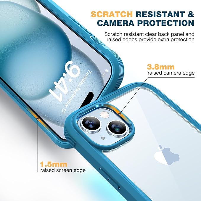 Diaclara Designed for iPhone 15 Plus Case 6.7 Inch,Full Body Rugged Clear Bumper Case w/Built-in Touch Sensitive Anti-Scratch Screen Protector+9H Tempered Glass Camera Lens Protector,Sea Blue