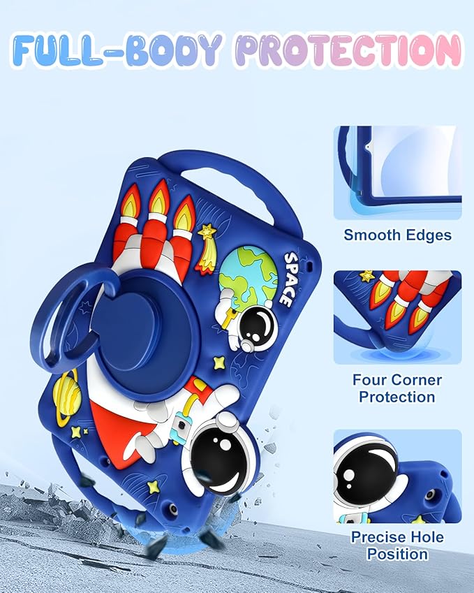 Boaretiu for iPad 9th/8th/7th Generation Case 10.2 Inch 2021/2020/2019 - Cute Boys Cartoon Soft 3D Astronaut Spaceship Silicone with Strap & Rotating Stand for Girls Teens Tablet Cover for iPad 9/8/7