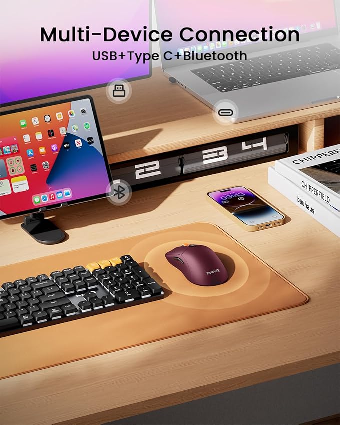ProtoArc Bluetooth Wireless Mouse, USB C Mouse, EM15 Rechargeable Compact Portable Type C Wireless Mice for Laptop, Tablet, PC, Windows, Mac OS-Wine Red