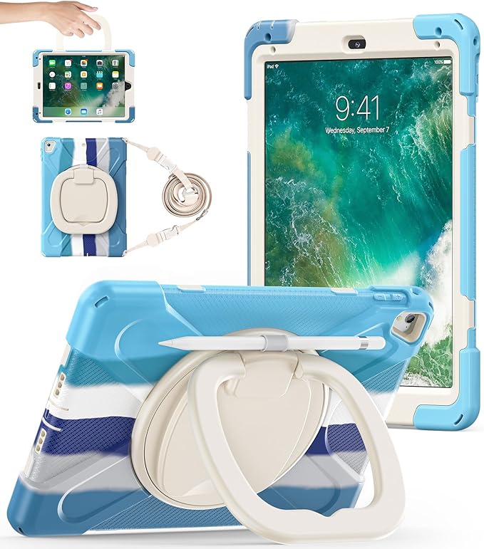 BATYUE Case for iPad 6th Generation 9.7 inch 2018, iPad 5th Gen 2017, iPad Air 2/ iPad Pro 9.7'',Shockproof Protective Cover with Pencil Holder &Rotating Bracket &Shoulder Strap (Colourful Blue)