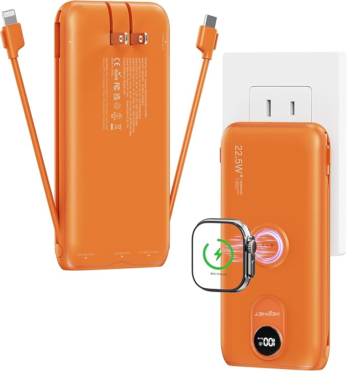Portable Charger, 10000mAh 22.5W Power Bank Fast Charging with Wall Plug, Built-in Cables, LED Display, Compact Lightweight USB C Travel Battery Pack for iPhone 17/16, Android Cell Phone, Pad, iWatch