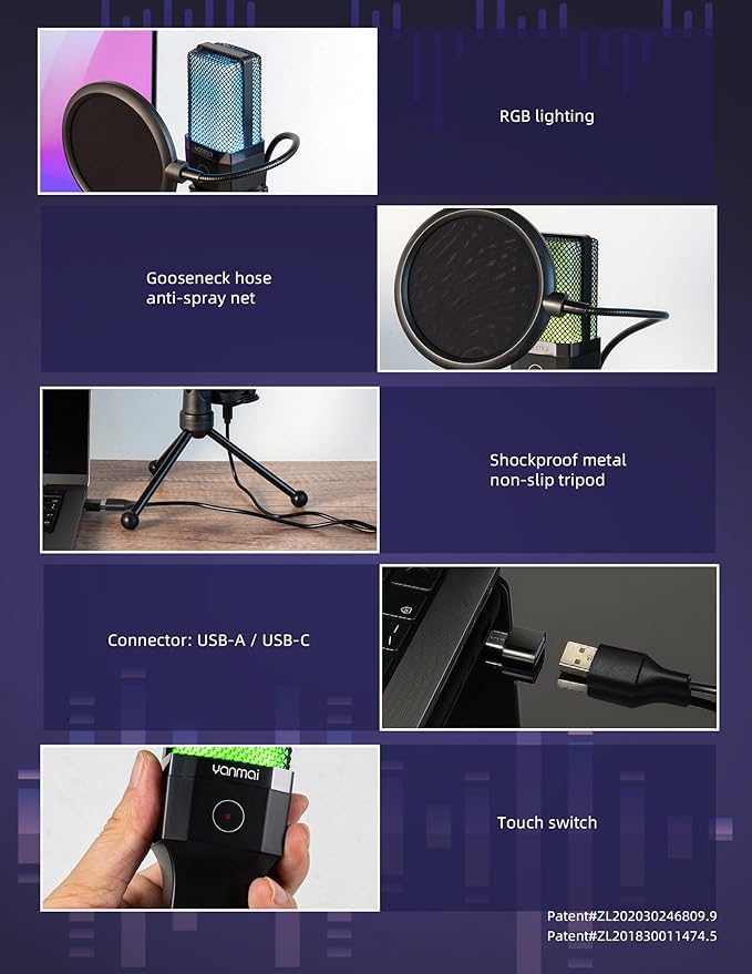 USB Microphone for PC, Cardioid Condenser Mic with RGB Light, One-Touch Mute, Gooseneck Tripod, USB-C/USB-A Computer Microphone for Gaming, Streaming, Podcasting, Recording