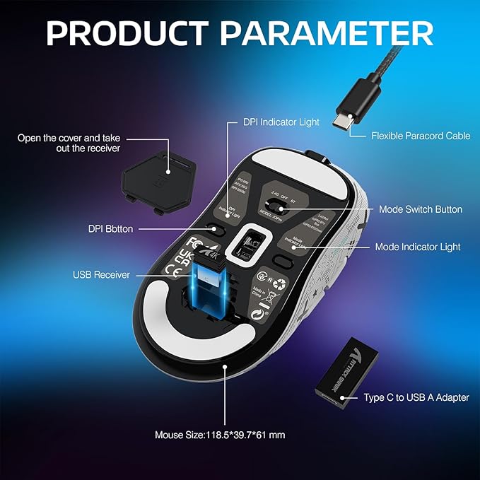 MANBASNAKE Attack Shark X3 Pro 4K/8K Hz Mouse, 59g Superlight BT/2.4G Wireless/Wired Gaming Mouse, PixArt PAW3395 Gaming Sensor, 26000 DPI, Griptape, Programmable Buttons for Win11/Xbox/PS/Mac(White)