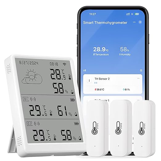 WiFi Thermometer Hygrometer Indoor: Digital Smart Temperature Humidity Monitor with App Notification Alert, Data Storage Export, 100m Range, Compatible with Alexa (1Base Station+3Sensors)