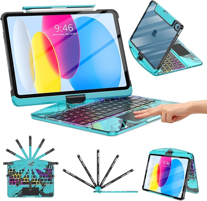 TSQQST Clear Wireless Keyboard Case for iPad (A16) 11th Generation 11-inch 2025/ iPad 10th Generation 10.9-inch 2022 with Pencil Holder & Multi-Touch Trackpad, 7-Color Backlit, 360 Rotatable, Blue