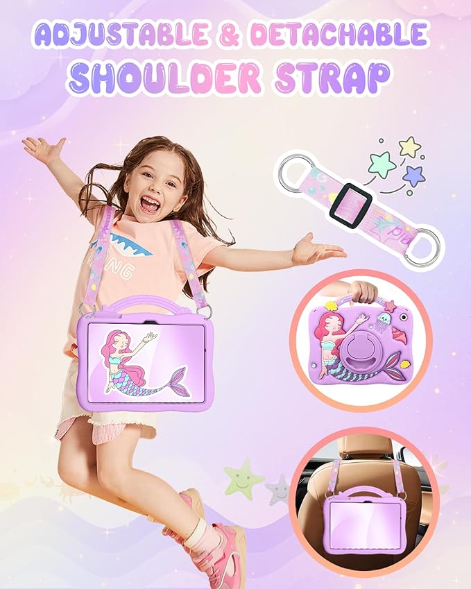 Boaretiu for Galaxy Tab A9 Plus Case - Cute Cartoon Mermaids Soft 3D Silicone for Samsung A9 Plus Tablet Case with Strap & Rotating Stand Girls Teens Tab A9+ 11 Inch Tablet Cover
