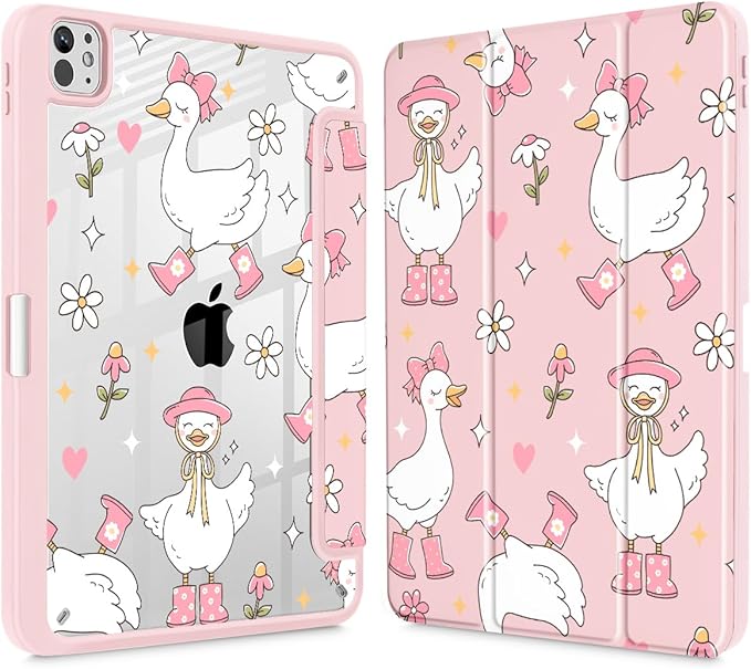 May Chen for iPad Pro 13 Inch Case M5 2025 / M4 2024, Built Pencil Holder & Clear Transparent Print Back Shell Slim Stand Shockproof Tablet Cover, Auto Wake/Sleep, Cute Goose Spring