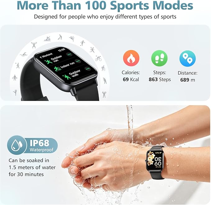Smart Watch for Women Men, 1.85" Alexa Fitness Tracker with Call & SMS, Heart Rate, SpO2, Stress & Sleep Monitor, IP68 Waterproof Smartwatch for Android iPhone Samsung etc., 100+ Sports Modes, 2 Bands