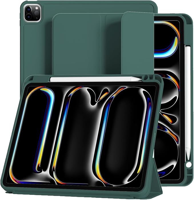 Case for iPad Pro 11 inch (M5/M4) 2025/2024 with Pencil Holder,Tri-Fold Stand Cover, Protective Soft TPU Back&Shockproof Air Corner,Supports Apple Pencil Pro, Auto Wake/Sleep (Dark Green)